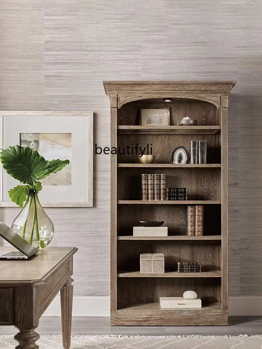 E153  American Country Solid Wood Bookcase French Retro Desk Combination Oak Open Multi-Layer Shelf Bookshelf
