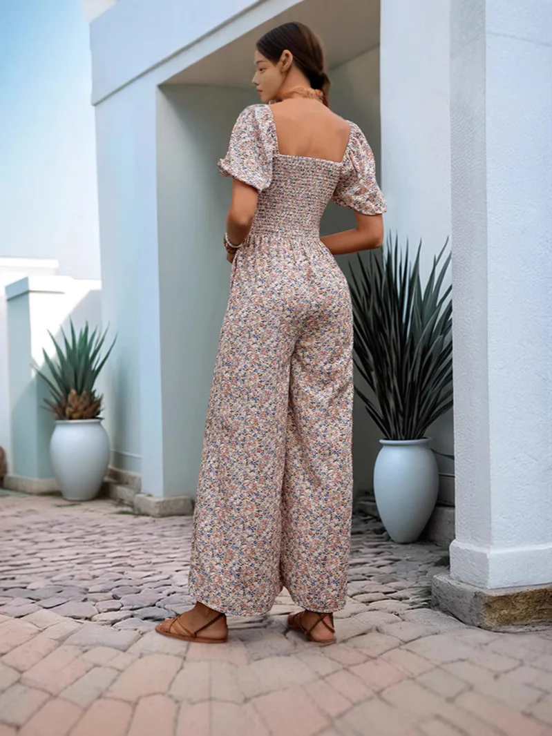 2026年夏 レディースジャンプスーツ 高級パフスリーブ ワイドレッグパンツ、バケーションスタイルの花柄プリント