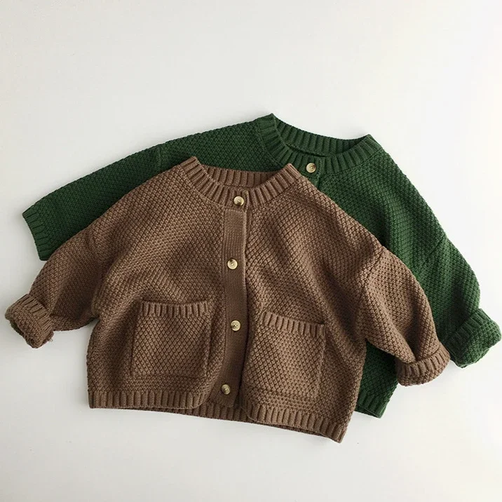 Kids Autumn Sweaters Children Knitted Clothes Boys Girls Wool Under Tops+Cardigan Baby Brother Sister Mathcing Pocket Clothes