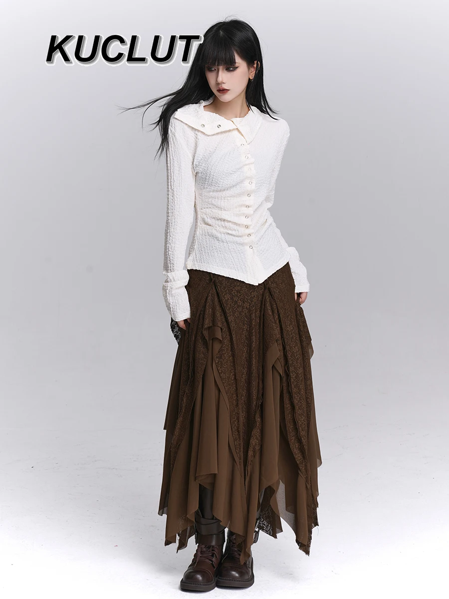 

2025 New Spring Autumn Lace Fashion Simple Elegant Long Skirt Punk Y2k Style Solid Color Irregular Casual Skirts for Women