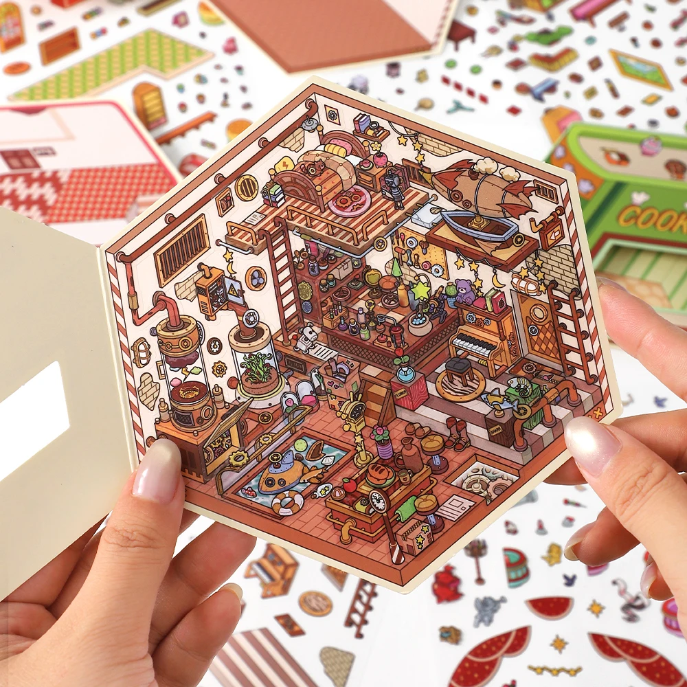 Kawaii 3D Small Shop19.0 Miniature Scene Stickers Visual Stacking DIY Scrapbooking Pocket House Stickers Children Festival Gift