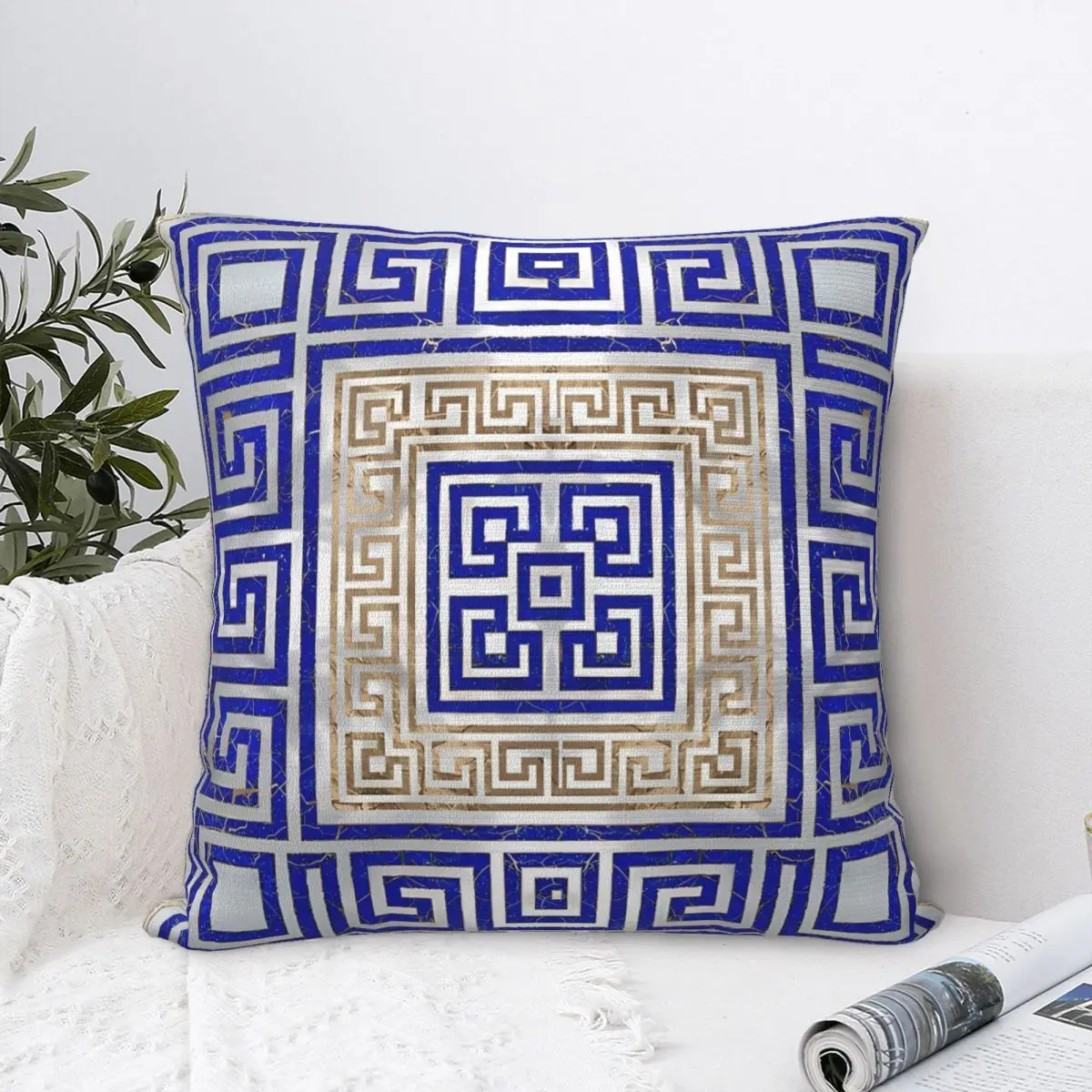 Lapis Lazuli And Gold Cojines Throw Pillow Case Greek Key Ornament Meander Cushion Home Sofa Chair Print Decorative Coussin