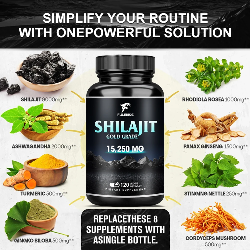 Kapsul Himalaya Shilajit Asli Kaya Mineral & Asam Fulvic untuk Energi, Kekuatan Otot & Imunitas, Daya Tahan untuk Dewasa