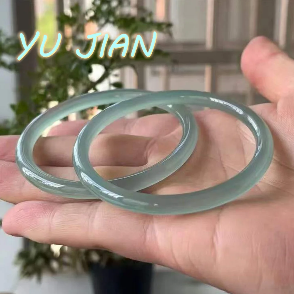 Latest Ice Seed Blue Water Natural Chalcedony Agate Bangle Round Bar Exquisite Elegant Jade Bracelet Quality Handring Jewelry