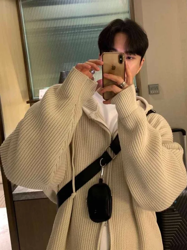 American Style Thickened Hooded Zipper Cardigan Sweater Men's Autumn Winter New Style Lazy Fashion Knitted Wear Resistant
