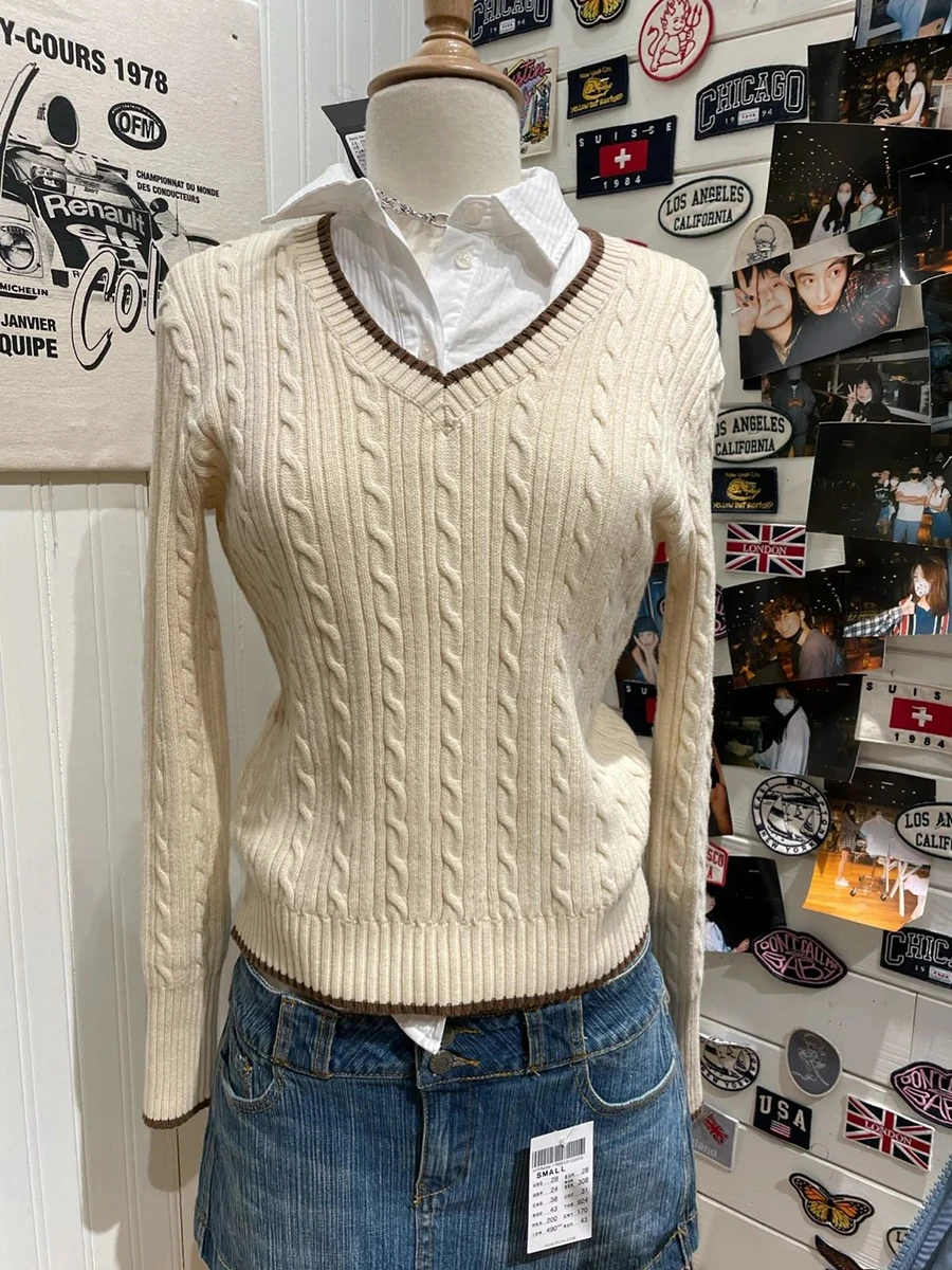 Twisted Beige Sweater Women Autumn Clothes V-neck Cotton Long Sleeve Jumpers Vintage Sweet Preppy Style Pullovers Y2k Top Female