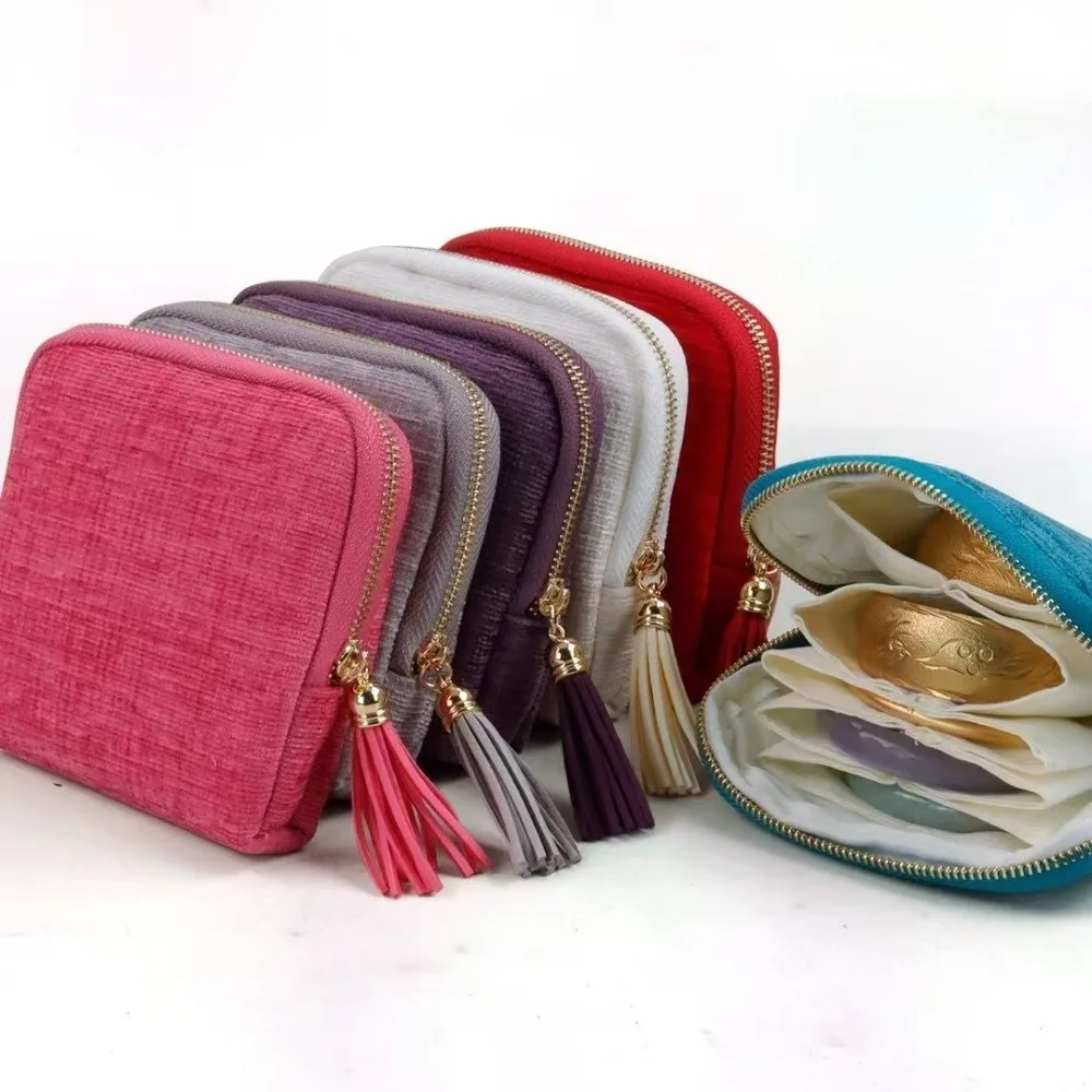 

Flannel Travel Jewelry Case Mini Tassel Zipper Jewelry Organizer Portable with Compartments Jewelry Storage Pouch