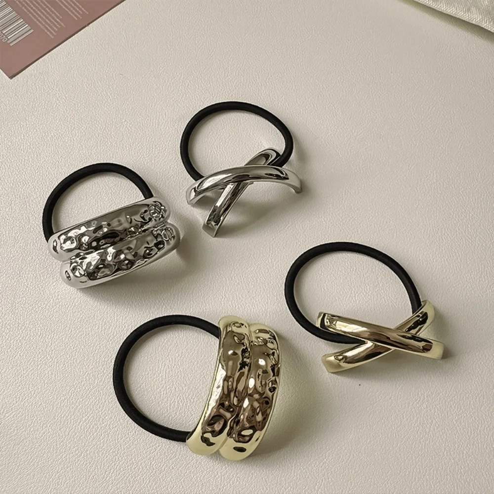 High Quality Metal Hammered Arch Pony Rhodium Hairband Gold/Silver Large Elastic Hair Ties Vintage Horsetail Retainer
