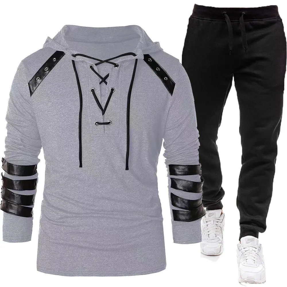 Outono novo tamanho europeu com capuz masculino casual moletom jaqueta elegante e personalizado conjunto de couro casual para homem