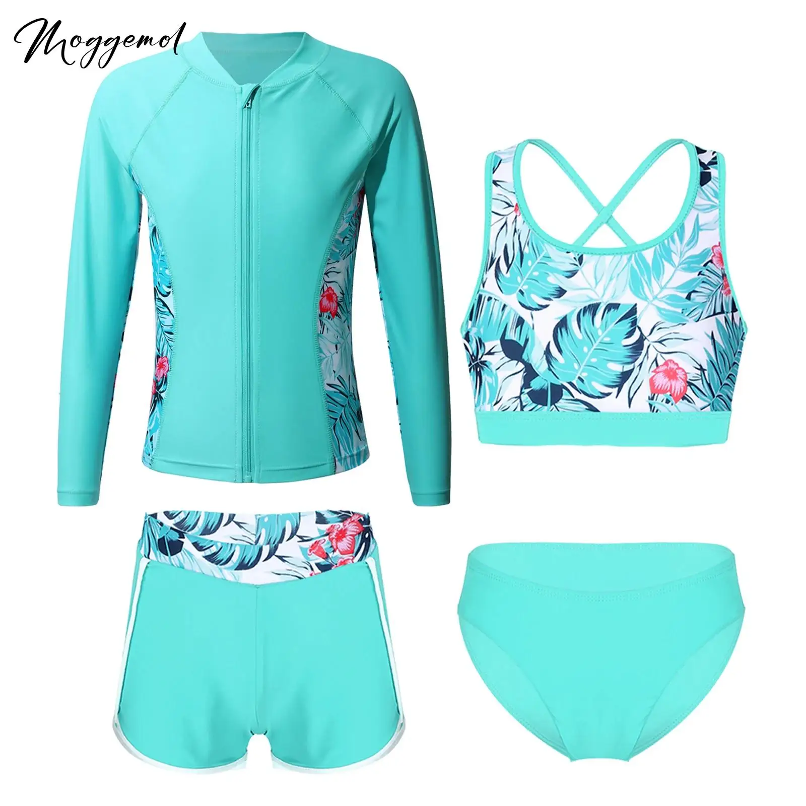 Kids Girls 4PCS Printed Swimsuit Front Zipper Tops with Strappy Back Crop Top and Briefs Shorts Outfit Beach Pool Bathing Suits