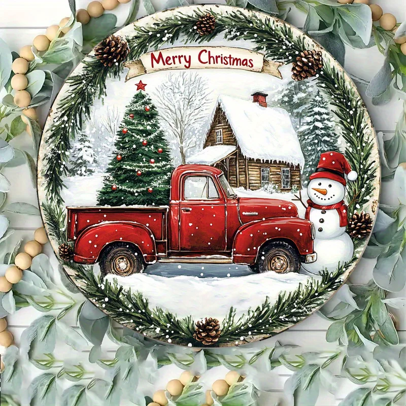 8 Inch Aluminum Christmas Wall Decor - Vintage Snowman & Red Truck Embossed Holiday Scene with Merry Christmas Banner