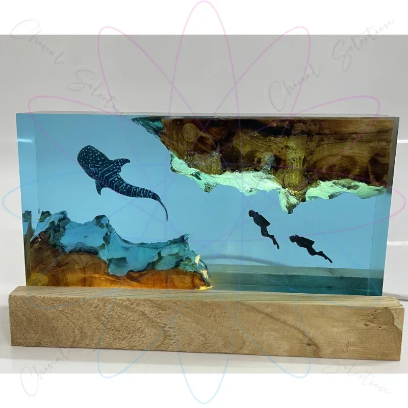 Whale Shark and Diver, Resin Night Light, Scuba Diving Deep Sea Exploration Personalized Wood Lamp Home Decoration Gift