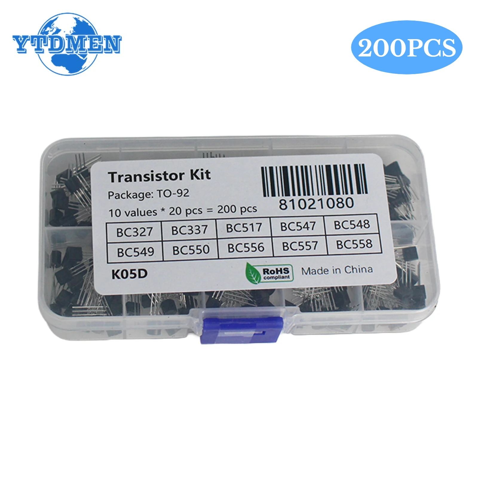200pcs BC547 BC557 BC548 BC337 BC327 BC549 BC550 BC556 BC558 BC517 Transistor Kit NPN PNP 10 Valuesx 20pcs TO-92 Transistors Set