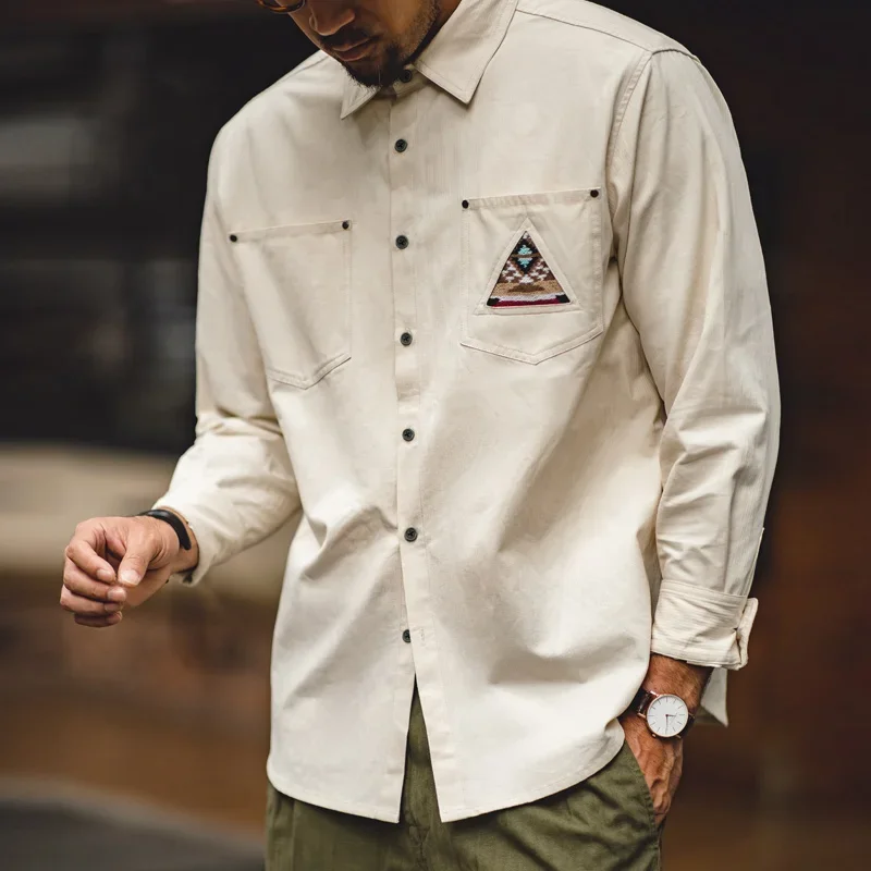 

Navajo Totem Printed Long-sleeved Shirt for Men Patchwork Pocket Overshirt Male Autumn Outerwear Beige Color Shirts