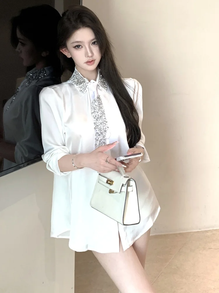 

High Quality Luxury Diamonds Collar Black White Shirt Women Tops Spring New Arrival Elegant Blouse Wearing Tie Camisas Mujer