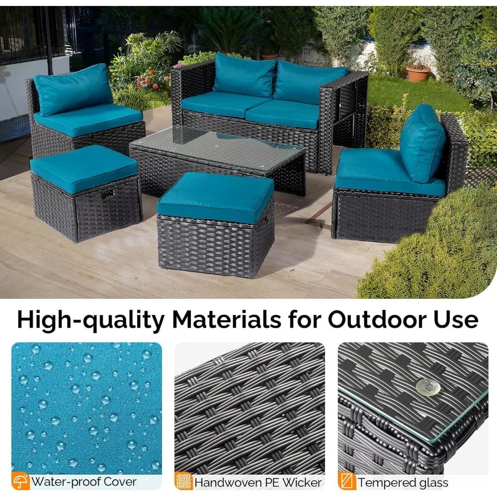 طقم أثاث فناء من الخيزران مكون من 6 قطع، مجموعة أثاث خارجي مقطعي للفناء، تصميم موفر للمساحة مع عثماني #5