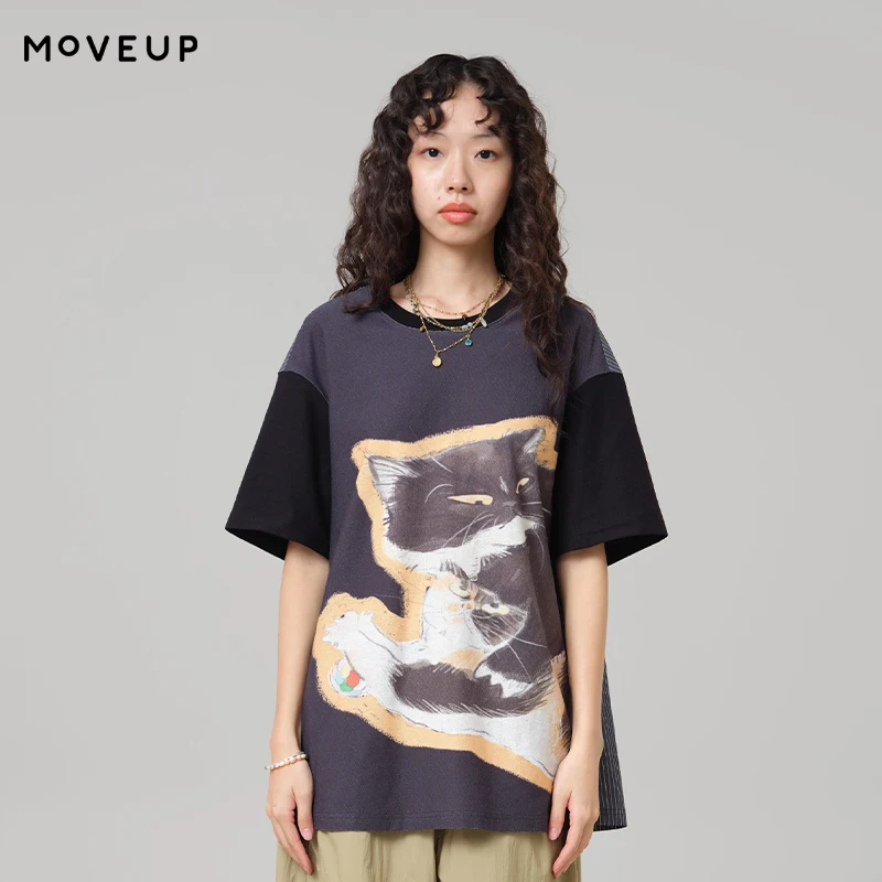 MOVEUP Short Sleeve Round Neck T-Shirt 2026 Summer New Color Contrast Splicing Sleeves Cartoon Printed Top For Women 3ELX10542