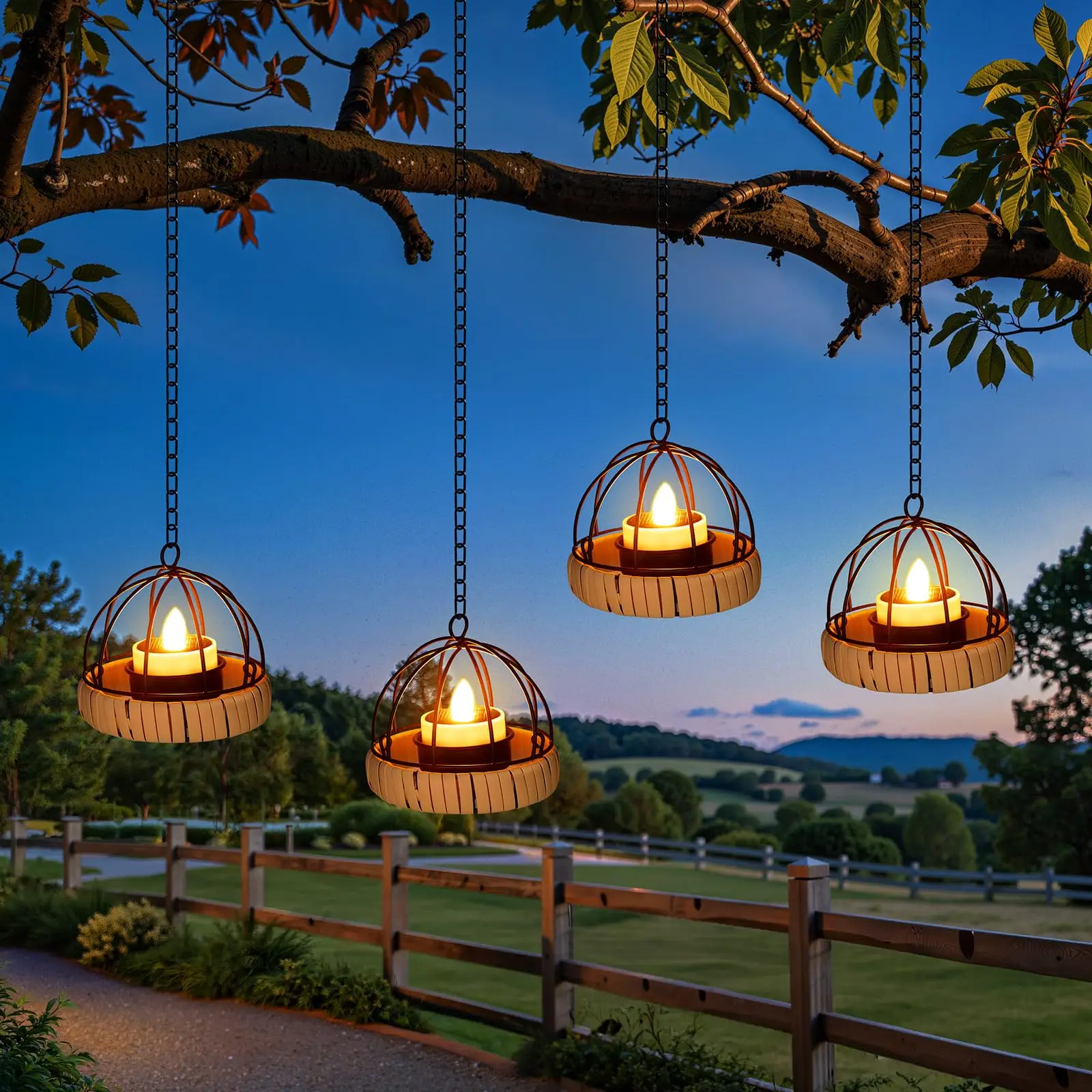 4Pcs Outdoor Garden Decor Hanging Solar Lights Amber LED Candle Lantern Rustic Landscape Decoration Lighting Gift Pack for Patio