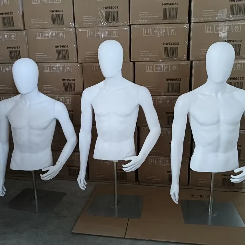 White Plastic Male Mannequin Half Body Torso Display Stand for Clothing Store Window Dressing Facial Dummy Table Model