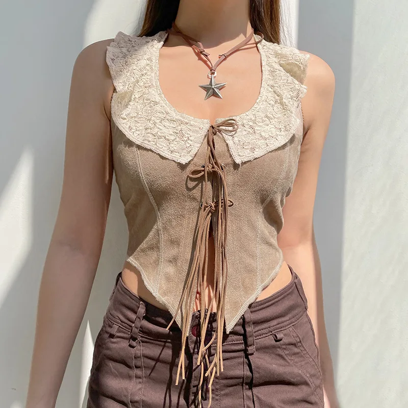 

Women Lace trimmed halter top with lace-up backless camisole tribal style design top Sexy Backless Sling Vest