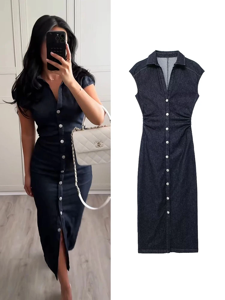 TRAF Women Denim Shirt Style Dress 2024 Aumumn Vintage Turn Down Collar Robes Office Lady Single Breasted A Line Dresses