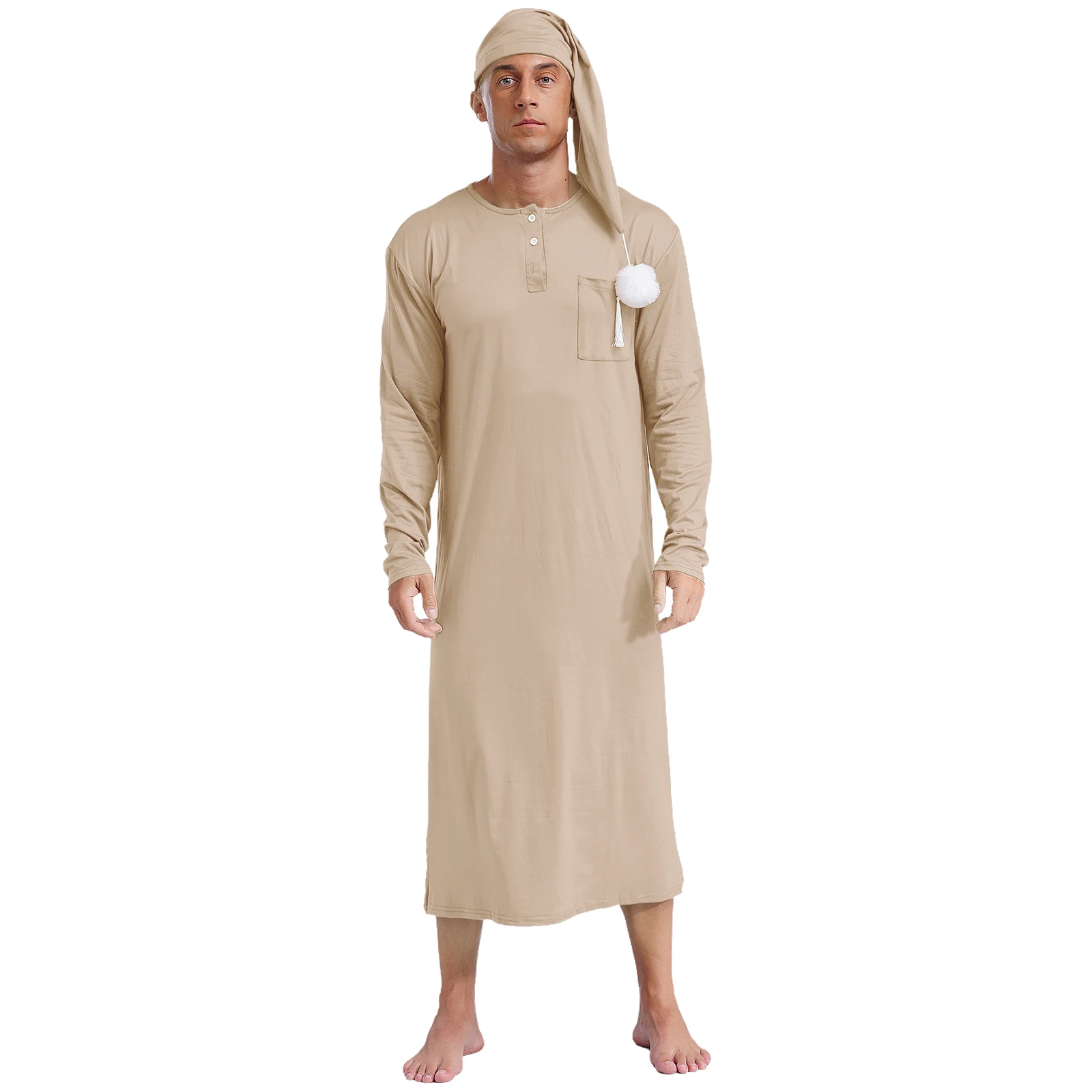 Mens Long Sleeve Long Robe Pajamas Pointed Hat with Pom-pom Sleep Robe with Hat Sleepwear Loose Sleep Wear Sissy Nightwear