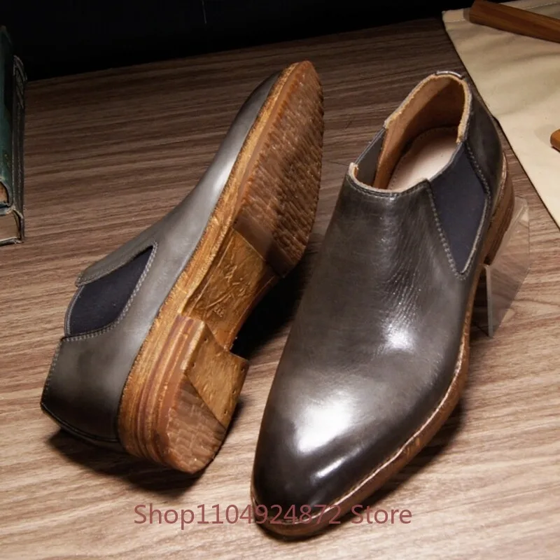 Designer Luxury Cowhide Washed Low Top Chelsea Boots Men's Shoes Handmade Retro Genuine Leather Ankle Boots Male Leather Shoes