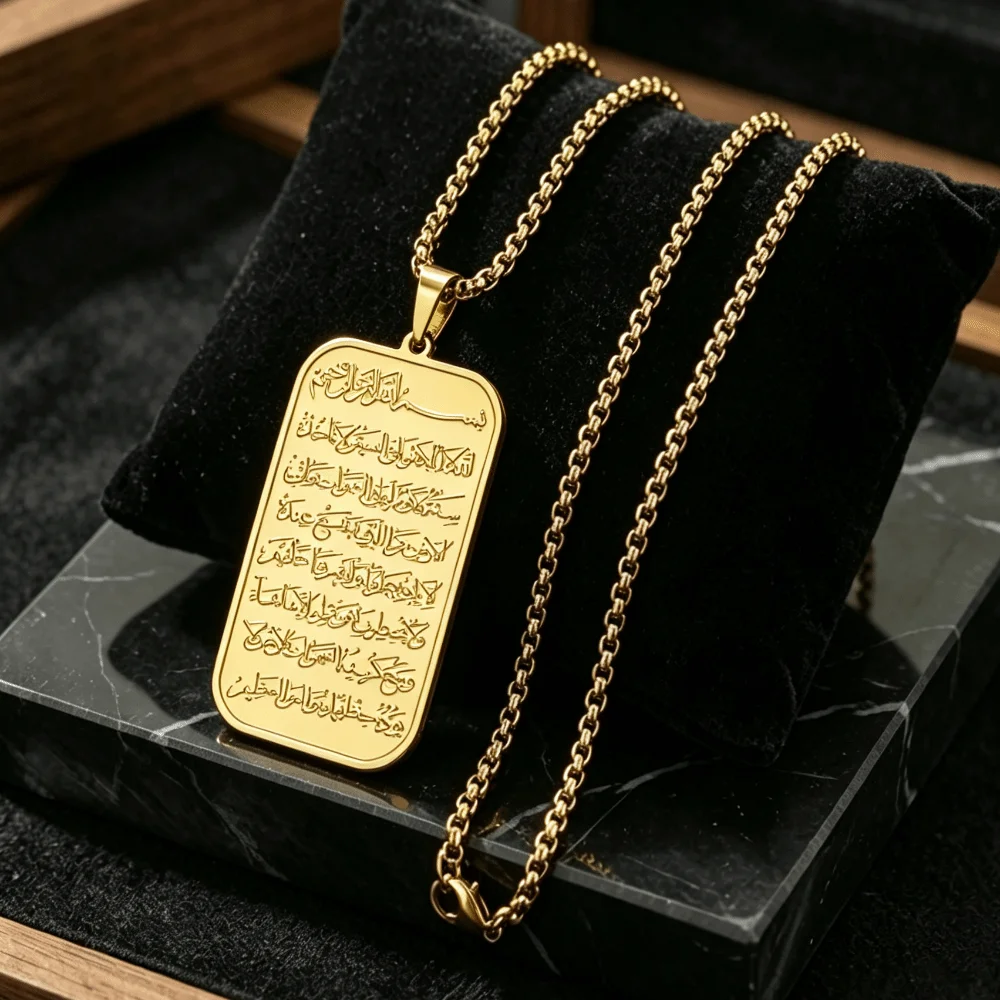Stainless Steel Pendant Necklace Engraved Text Waterproof Prayer Pendant Box Chain Minimalist Square Neck Jewelry Daily Wear