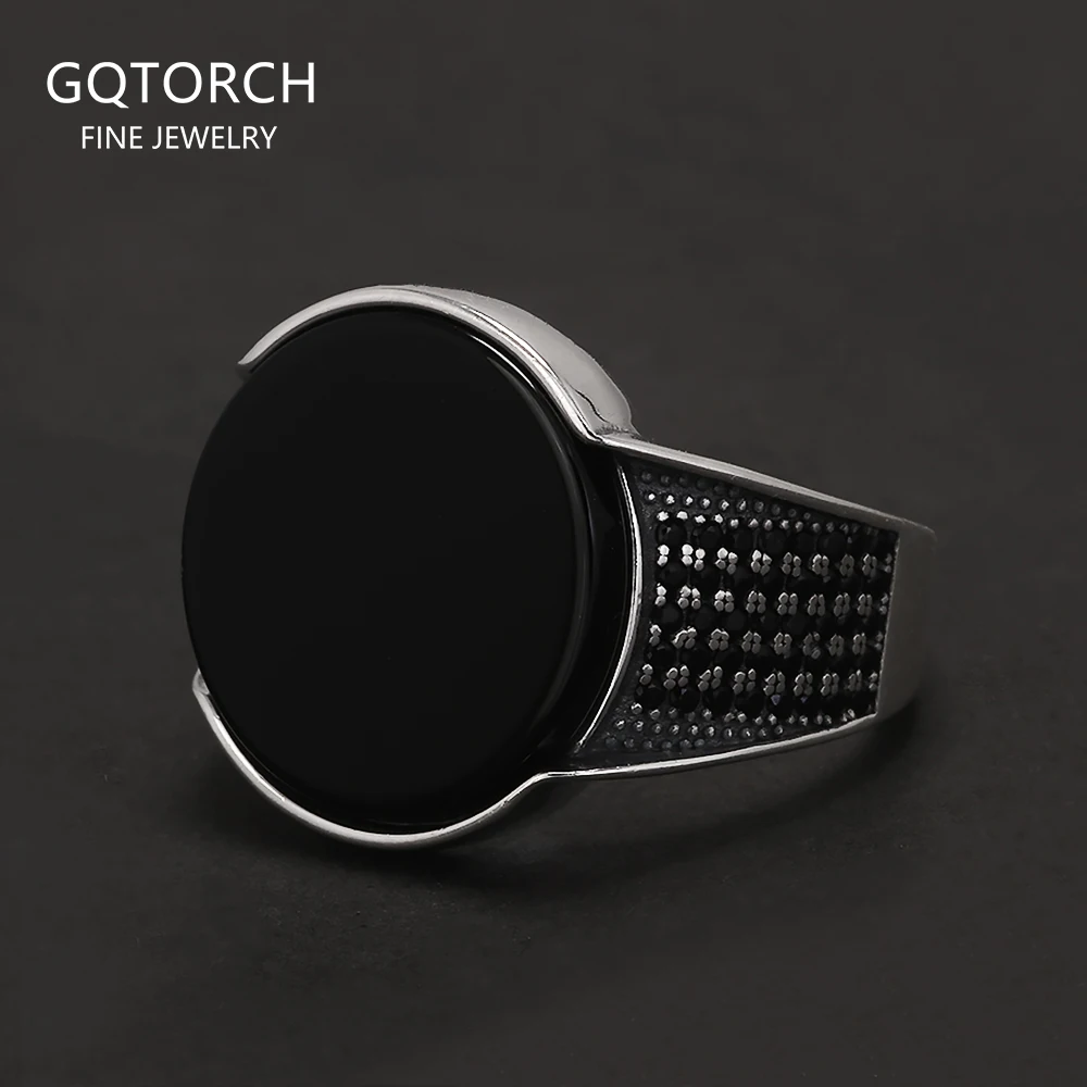 

Кольцо-печатка из стерлингового серебра 925 пробы с круглым черным ониксом для мужчин, классические турецкие кольца, ретро-модные украшения в стиле панк для свадебной вечеринки