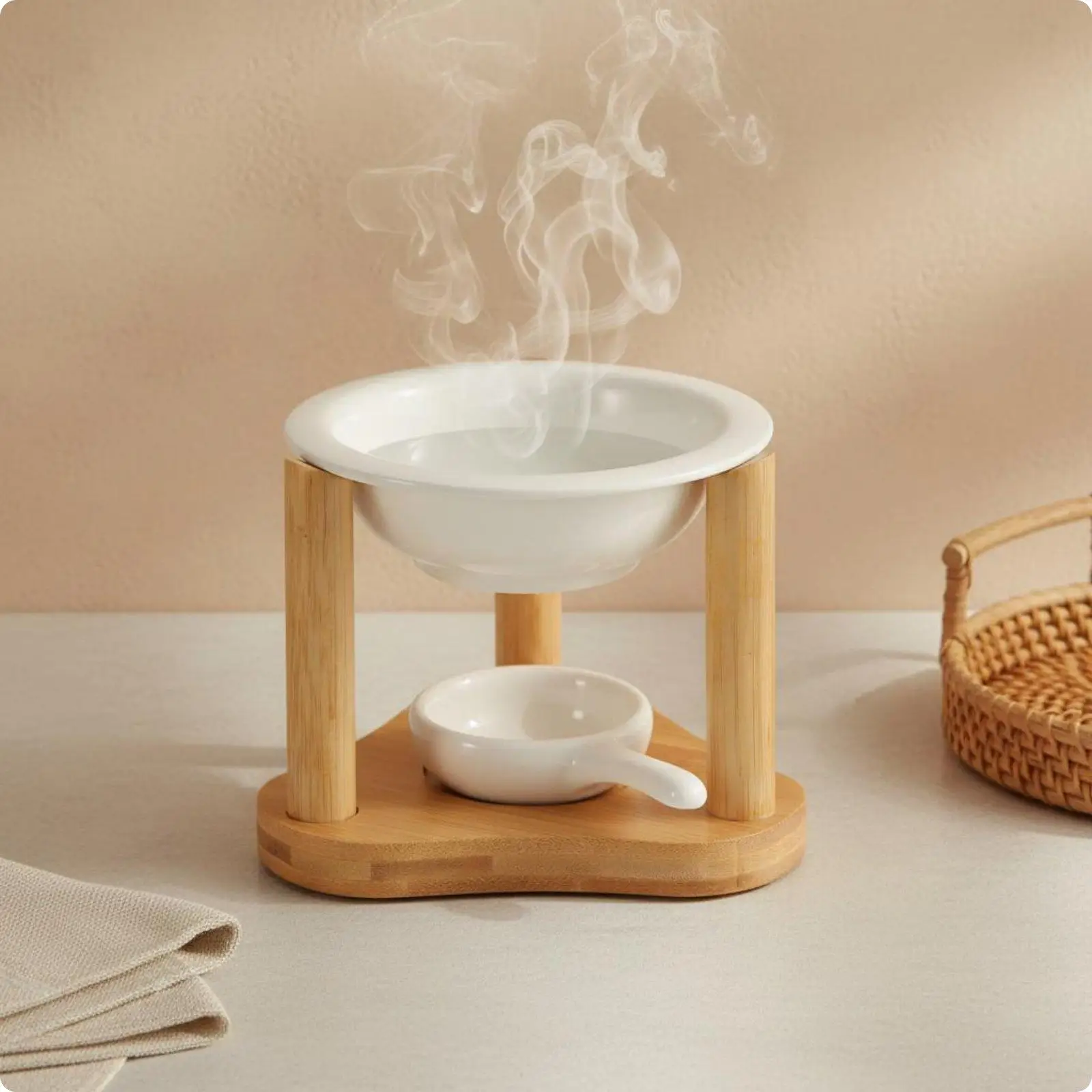 Ceramic Aroma Lamp Bamboo Structure Fragrance Oil Warmer Candle Incense Burner for Living Room Bedroom Meditation Decor