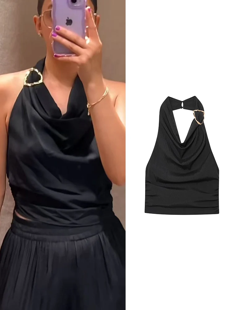 

TFMLN 2025 женский топ с лямкой на шее, летний черный топ с открытой спиной и открытыми плечами, облегающий укороченный топ с бантом, модные женские жилеты без рукавов