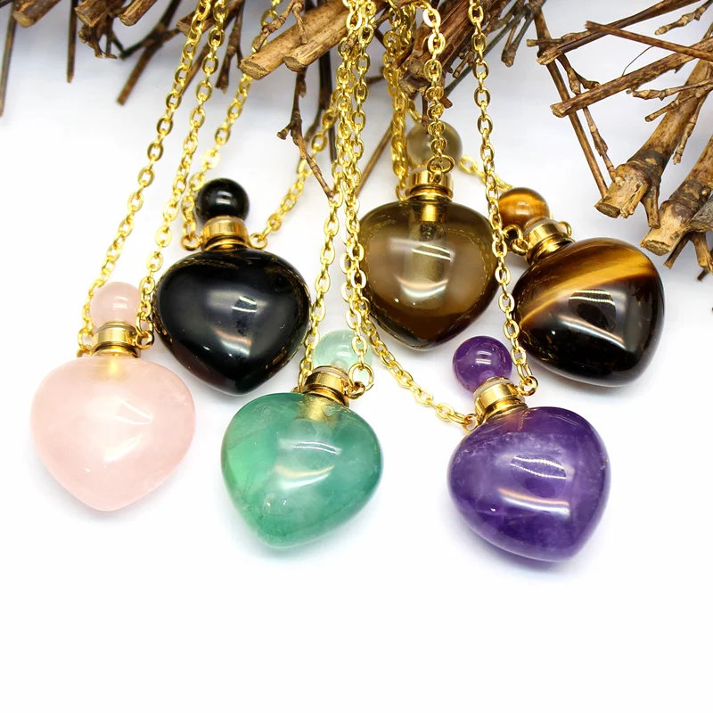 Collana con ciondolo bottiglia di profumo cuore Labradorite naturale guarigione cristallo quarzo ametista fiala di olio gemma gioielli da donna