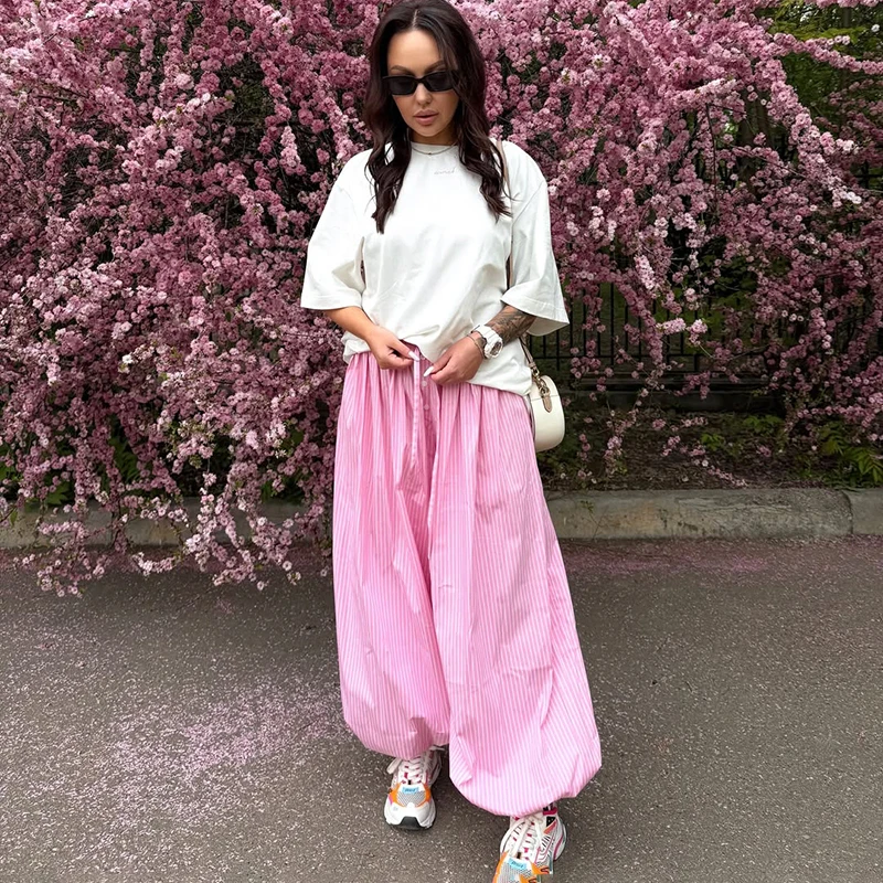 Ticketsx Striped Print Pants Women's High Waist Drawstring Wide Leg Trousers 2025 Summer Female Fashion Casual Loose Pants Y2K
