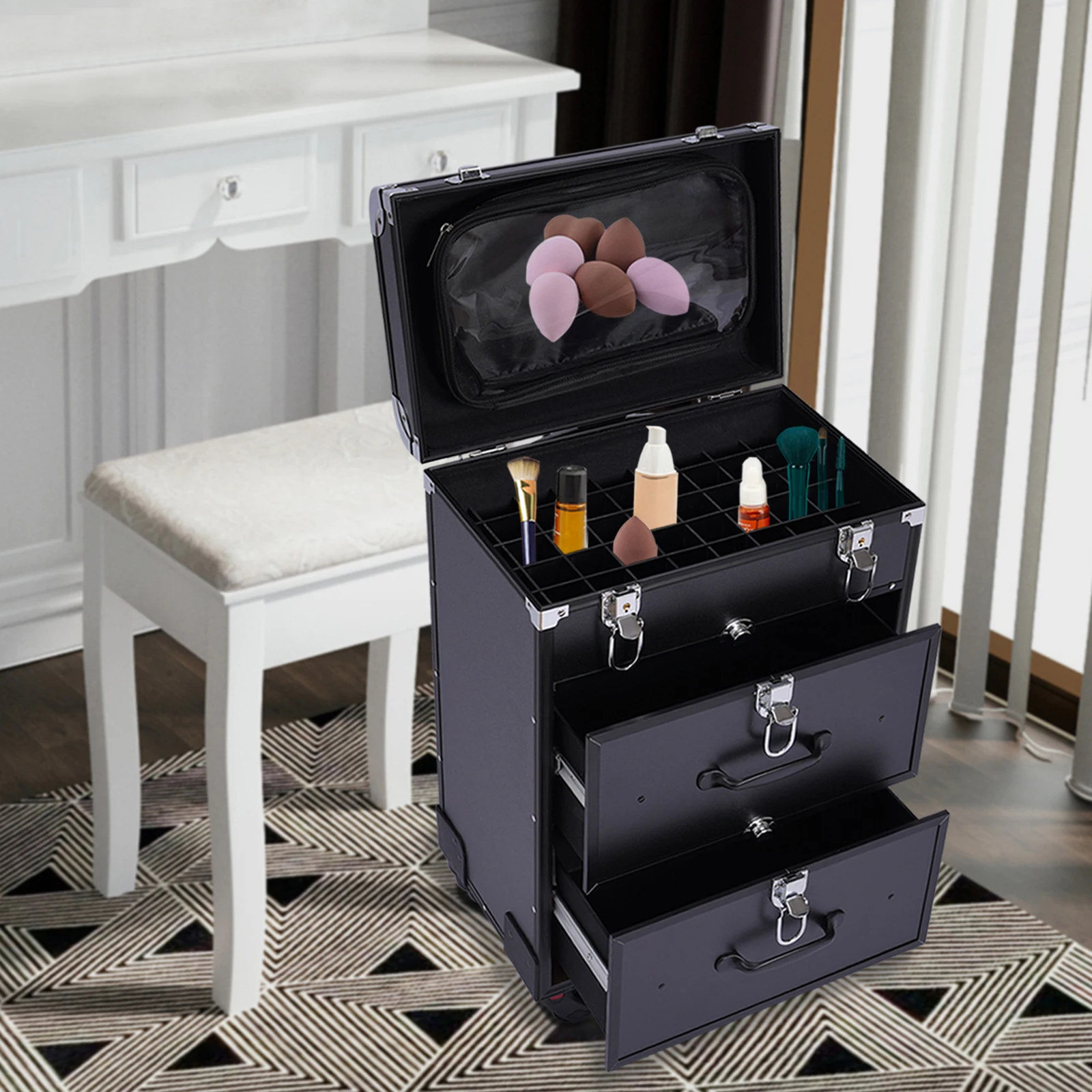 Rolling Makeup Case Large Cosmetic Trolley With Locks Make Up Bag With Dividers Cosmetics Storage Organizer For On The Go Makeup