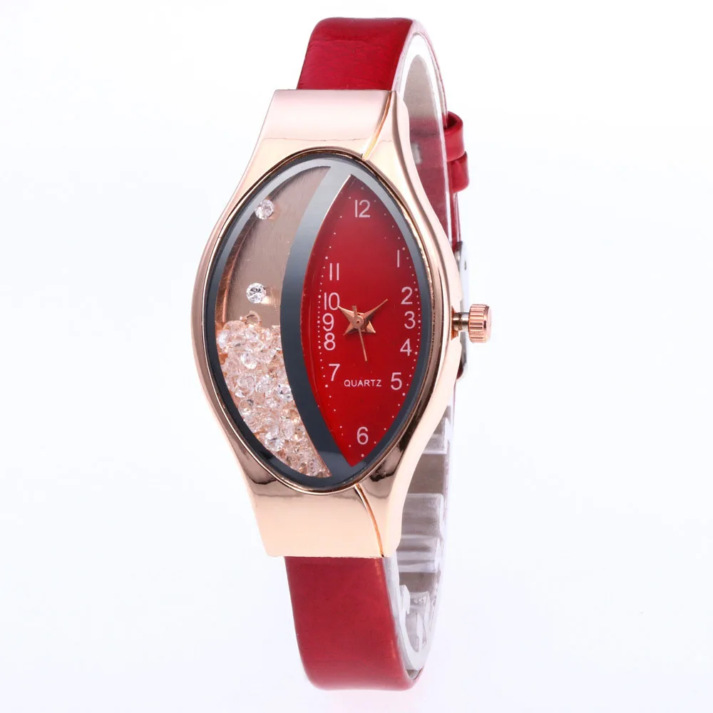 Elegant Women Crystal Oval Dial Quartz Wrist Watches Lady Leather Strap  Casual Watch Gift