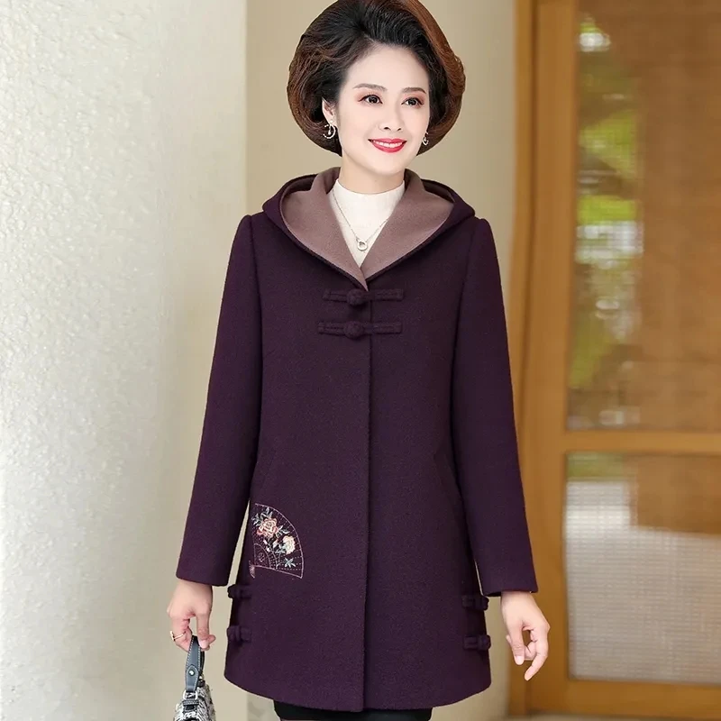 Fashion Hooded Woolen Coat Female Spring And Autumn Middle-Aged And Elderly Mothers Wear Long Slim Large Size Coat Female Tide.