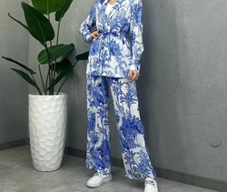 Women Print Two Piece Pant Sets Full Sleeve Cardigan Shirts Lace Up Wide Leg Pants Midi Waist Loose Splice Casual Summer