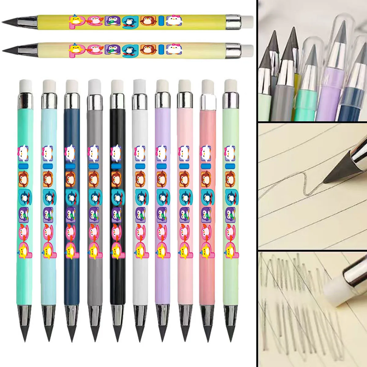 Confezione da 12 colori con motivo testo pinguino, matita eterna, colore macaron, non facile da rompere, matita per schizzi per studenti