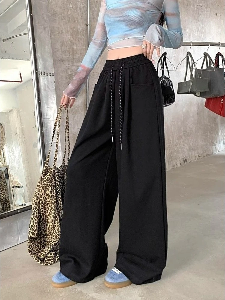 Womens Casual Straight Leg Trousers Elastic Drawstring Waist Loose Fit Floor Sweating Pants Spring Summer
