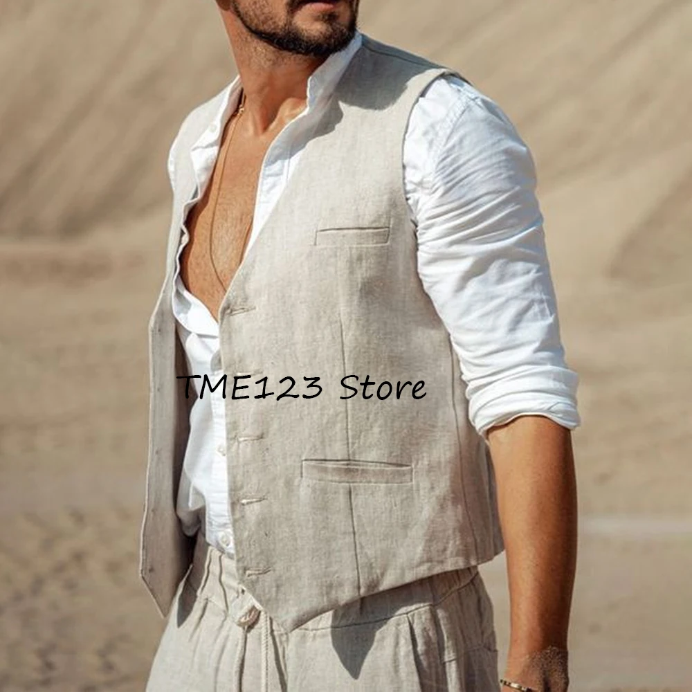 

Мужской классический жилет, рабочий костюм с v-образным вырезом, мужские льняные однобортные жилеты для мужчин, тонкая рабочая одежда, костюмы без рукавов, блейзер