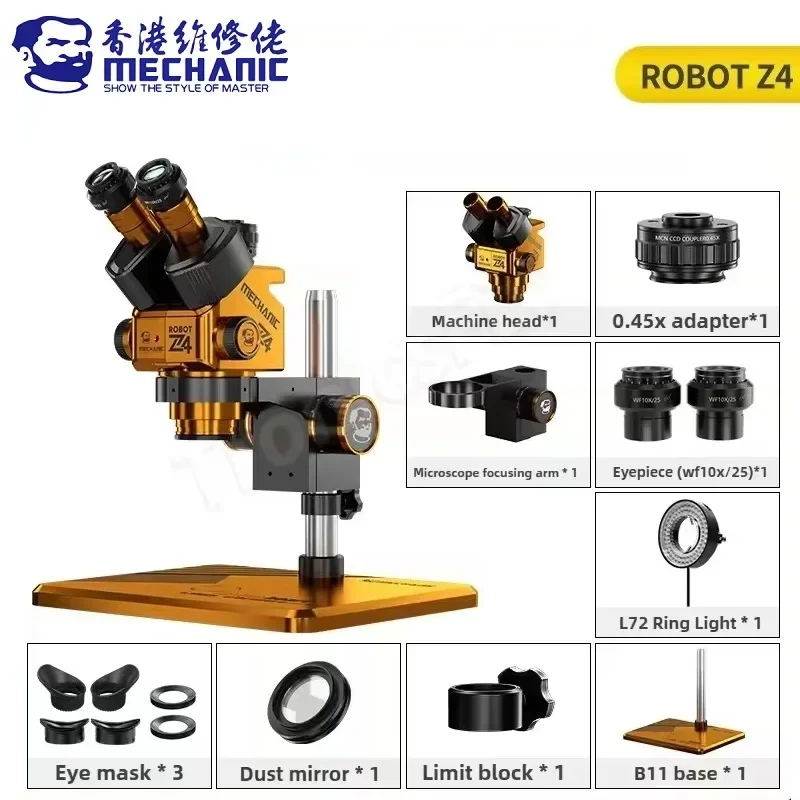 MECHANIC ROBOT Z4-B11 Trinocular Stereo Industrial Microscope 6.5-60X Continuous Zoom WF10X25 Eyepiece CCD 0.45X Camera Adapter