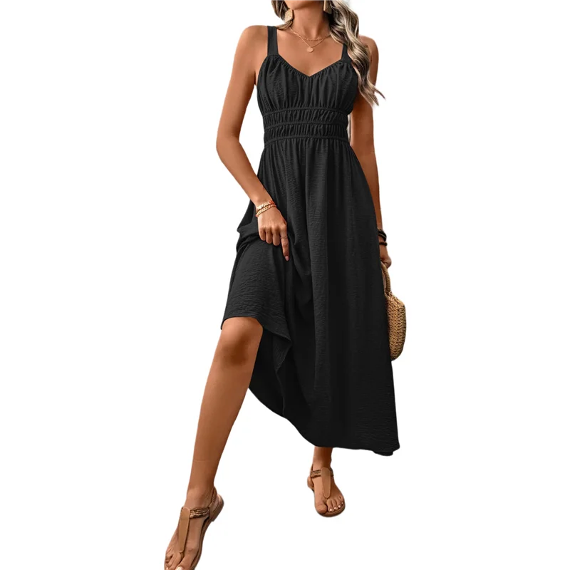 【Decorazione per feste】 Abiti lunghi smock da donna 2025 Abito estivo da spiaggia estivo Abito casual con cinturino per spaghetti Swing A Line Abito lungo fluido