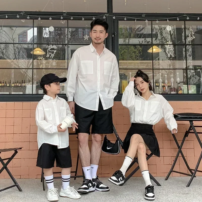 Family Set To Mom Dad And Son Shirts Shorts Suit Mommy Daughter Outfits Clothes Women Girl White Blouse Skirts Clothing Men Boy
