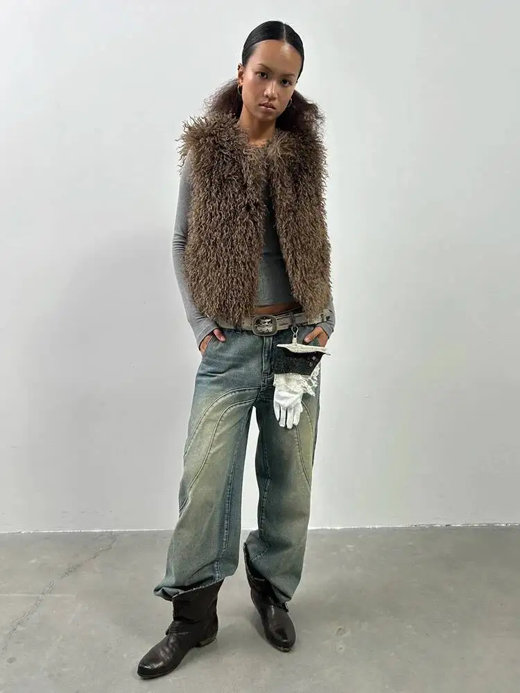 Fashion Brown Imitation Mongolia Sheep Fur Vest Women's V-neck Loose Fit Thick Plush Waistcoat Winte BS97