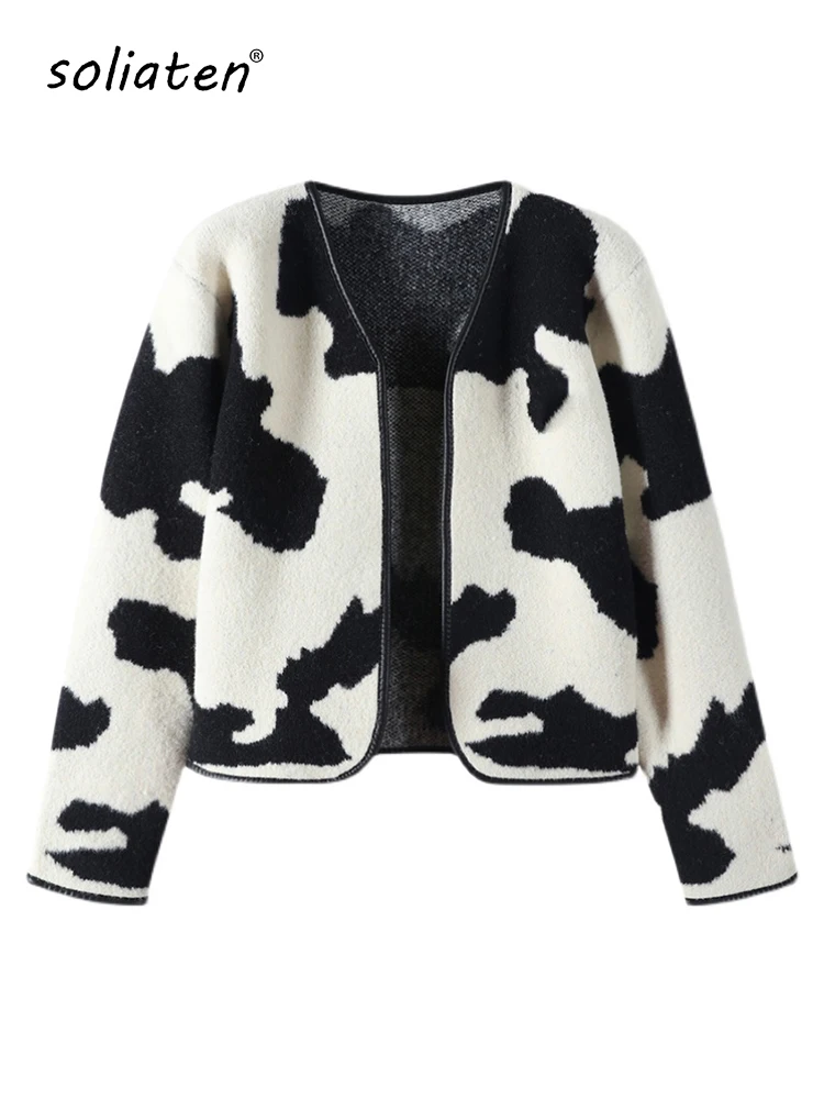 2024 Spring Gothic Wool Knitted Y2K Short Coats Fashion Color Block Long Sleeve Woman Cow Cardigan Jackets C-142