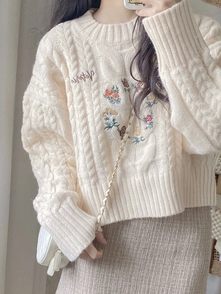 Zoki Chic Floral Embroidery Sweaters Women Japan Sweet Loose O Neck Knitted Jumper Tops Fashion Long Sleeve Cute Casual Pullover