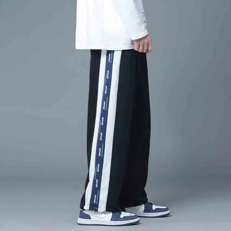 Autumn Winter Fleece Korean Student Casual Sports Loose Wide Leg Pants Patchwork Stripe Pocket Drawstring Straight Trousers 2023