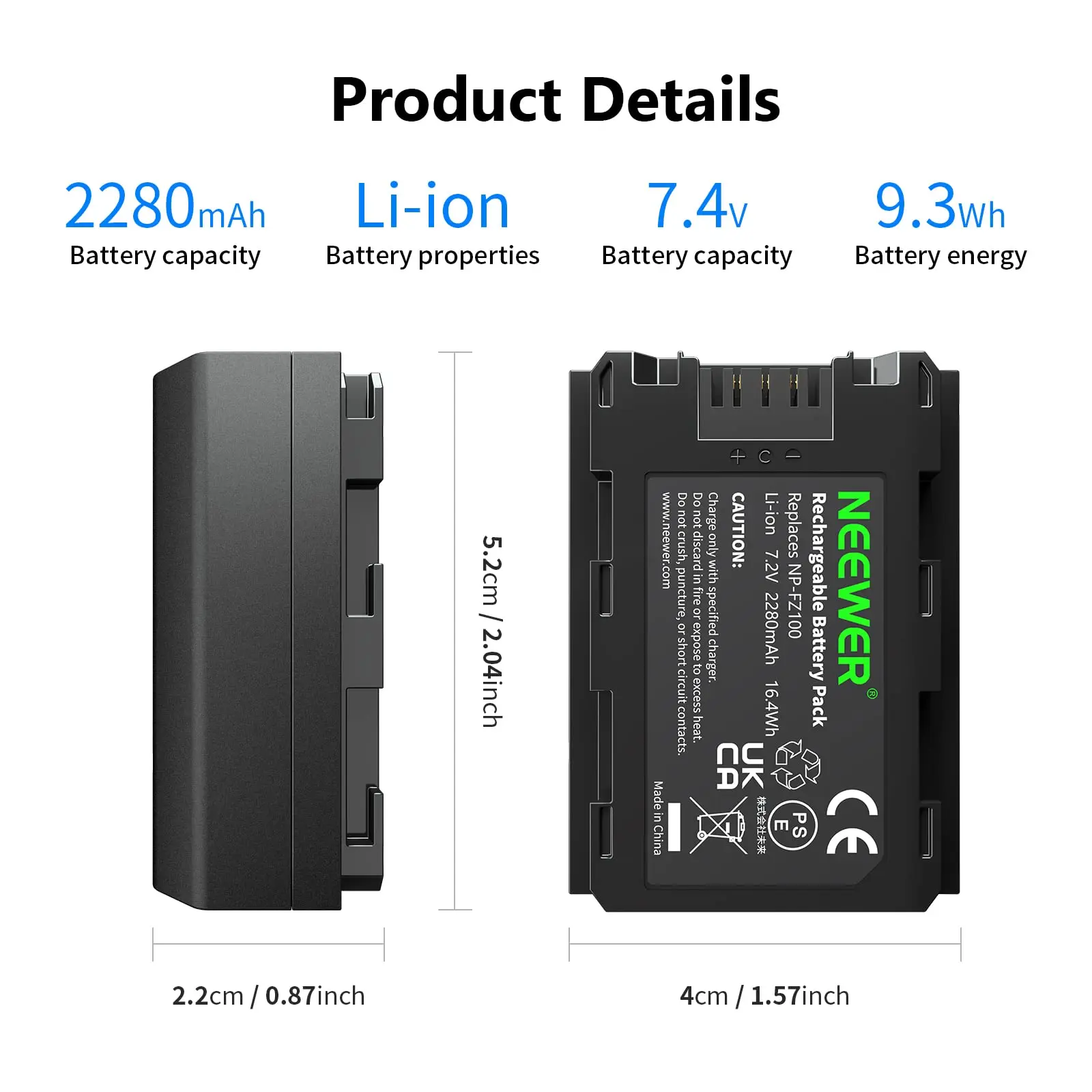 NEEWER Camera Battery Rechargeable Li-ion Battery 2280mAh NEEWER NP-FZ100 Replacement Battery