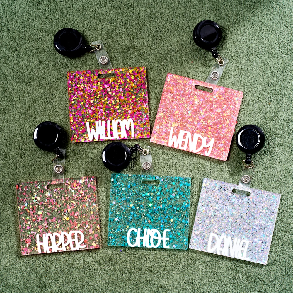 Personalized Custom Glitter Acrylic Badge Reel Card Holder Custom Name Text Square ID Name Tag Retractable Nurse Teacher Office view 5