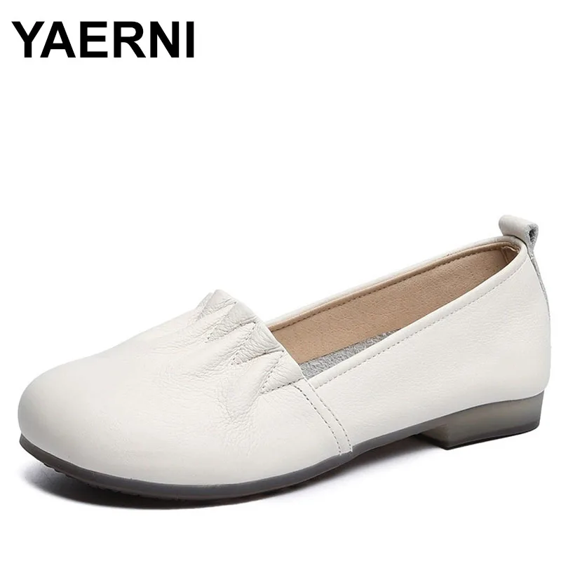 

High quality Concise Women Slip On Loafers Spring Shallow Pleated Genuine Cow Leather Comfort Soft Casual Flat Shoes Big Size 43